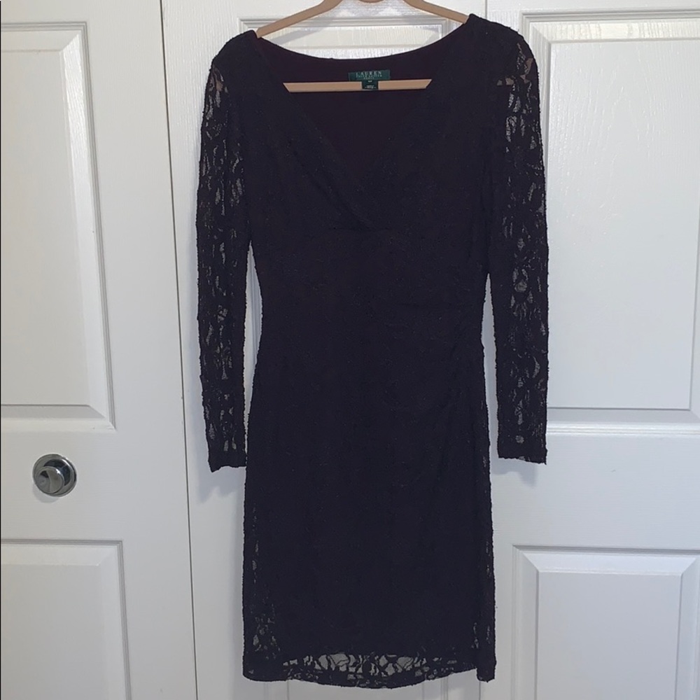 Lauren Ralph Lauren Plum Purple Lace V-Neck Long-Sleeve Cocktail Dress